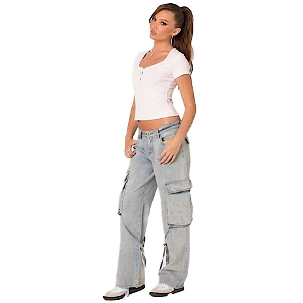 🆕 EDIKTED Via Low Rise Washed Denim Cargo Pants Green Cargo Pants nwt $118